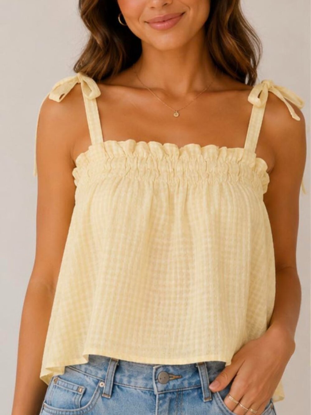 Soft Yellow Babydoll Blouse – Adjustable Tie Shoulder Flowy Summer Top